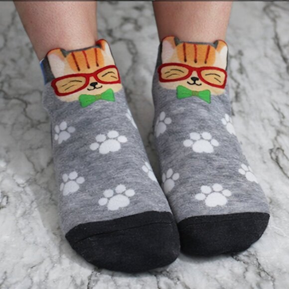 CAT LADY Socks Ankle Short Anklets Animal Print Pawprints Gray Orange Ginger Cat - Picture 1 of 10